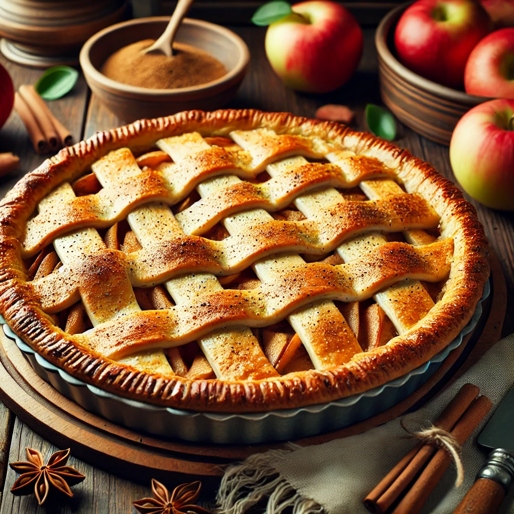 "A rustic apple pie with a golden-brown, flaky crust, displayed on a wooden table surrounded by fresh apples and cinnamon sticks in a cozy kitchen setting."