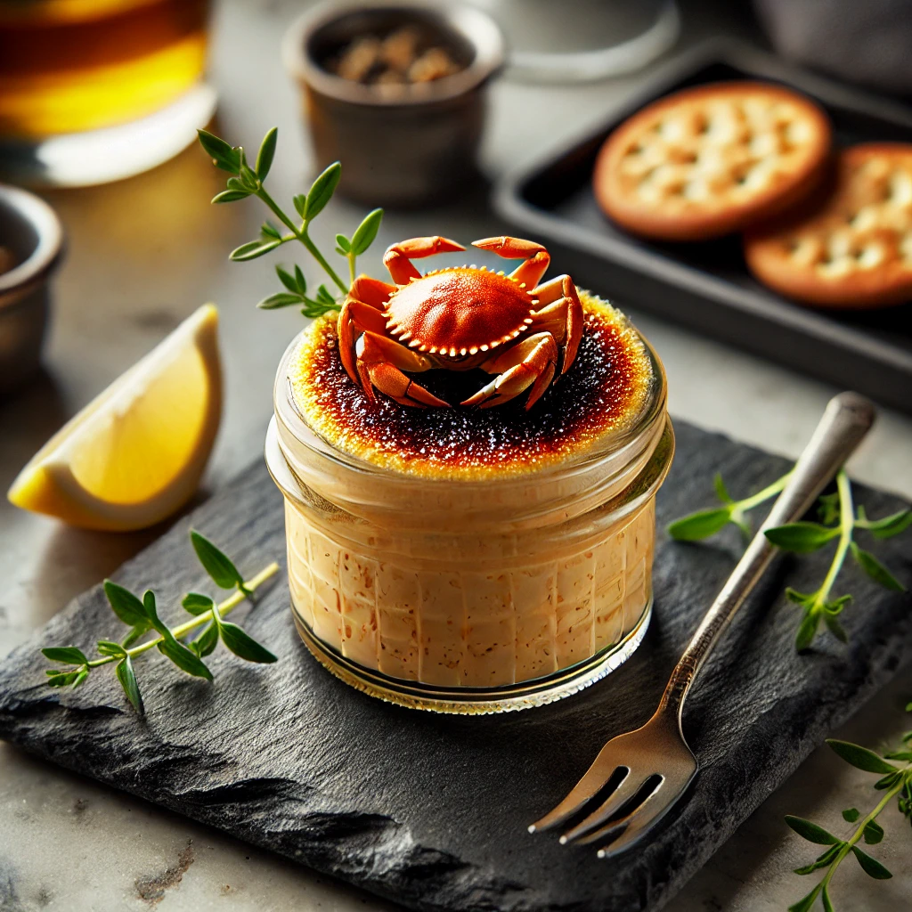 Crab Brulee served in a glass jar with a caramelized top, garnished with herbs, gourmet crackers, and lemon slices on a slate serving board.