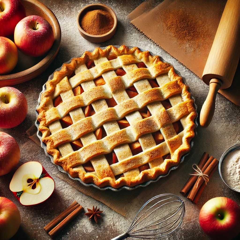 "Overhead view of a freshly baked apple pie with a golden lattice crust, surrounded by apples, cinnamon sticks, and a rolling pin on a flour-dusted wooden table."