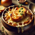 A bowl of classic French Onion Soup with golden caramelized onions, topped with a toasted baguette slice and melted Gruyère cheese, garnished with fresh thyme, served on a rustic wooden table.