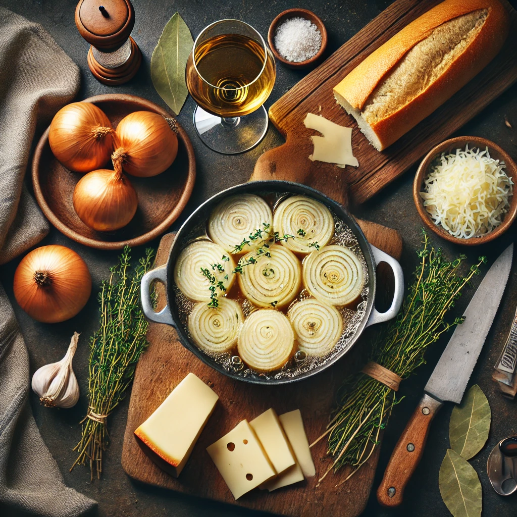 Top-down view of the preparation of Classic French Onion Soup ingredients, featuring sliced onions on a wooden cutting board, butter, fresh thyme, bay leaves, a loaf of baguette, a wedge of Gruyère cheese, white wine in a glass, and a pot with caramelized onions simmering on a rustic kitchen counter.