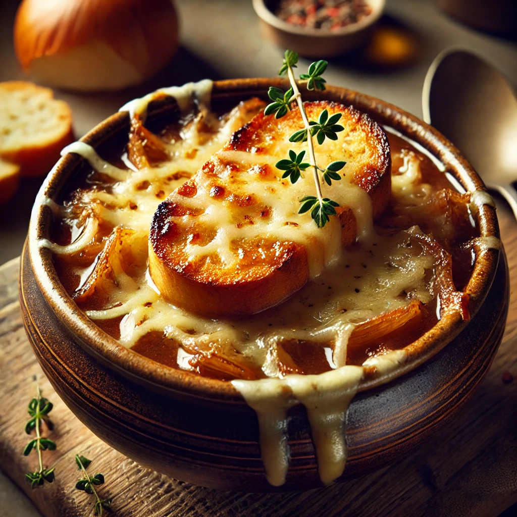 A bowl of classic French Onion Soup with golden caramelized onions, topped with a toasted baguette slice and melted Gruyère cheese, garnished with fresh thyme, served on a rustic wooden table.