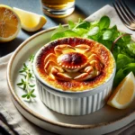 "Crab Brulee served on a white plate with a side of lemon wedges and crisp green salad. The top is slightly cracked to reveal the creamy crab custard."