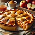 Close-up view of an apple pie with a perfectly golden, flaky crust, slightly sliced to reveal tender apple filling, with cinnamon and caramelized sugar.