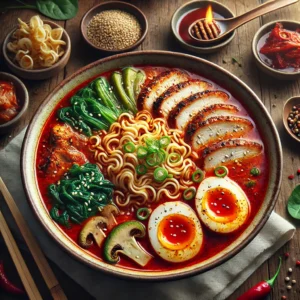 The image showcases a visually appealing bowl of spicy ramen noodle soup, with an emphasis on the key ingredients mentioned in the recipe like the spicy red broth, ramen noodles, grilled chicken, soft-boiled eggs, spinach and mushrooms. Garnishes like sesame seeds, green onions and chili oil add pops of color and texture. The composition with the chopsticks and small side dishes in the background enhances the comforting, homemade feel of the dish. The warm lighting and wood elements convey a cozy atmosphere perfect for enjoying a hot bowl of flavorful ramen soup.