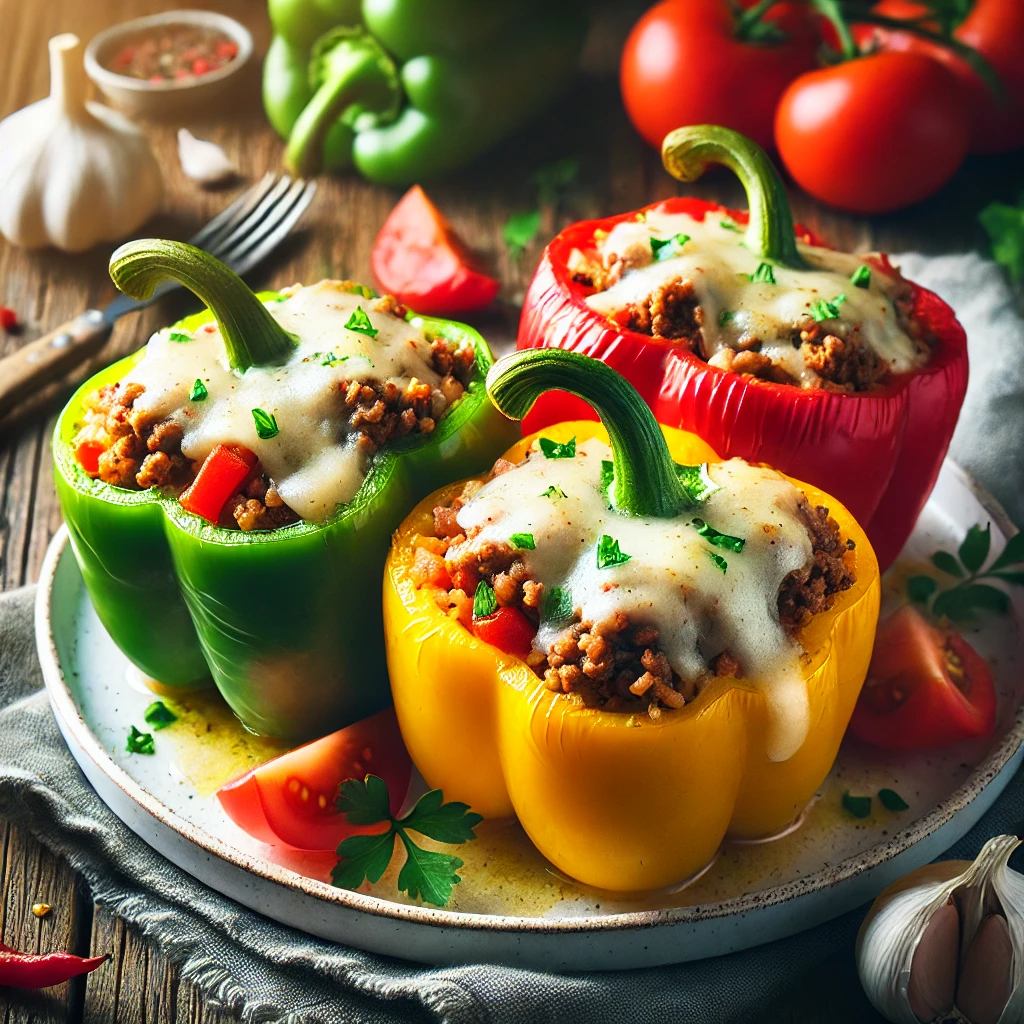 A beautifully arranged plate of stuffed bell peppers with ground beef, rice, and melted cheese, surrounded by fresh ingredients like tomatoes and garlic.