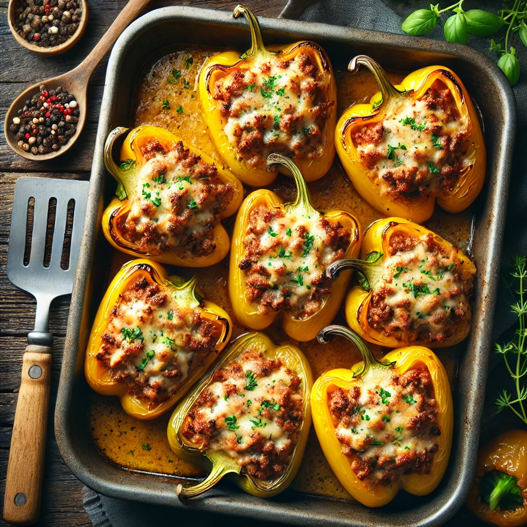 "An overhead view of a tray of freshly baked stuffed bell peppers with ground beef and rice, golden brown with melted cheese."