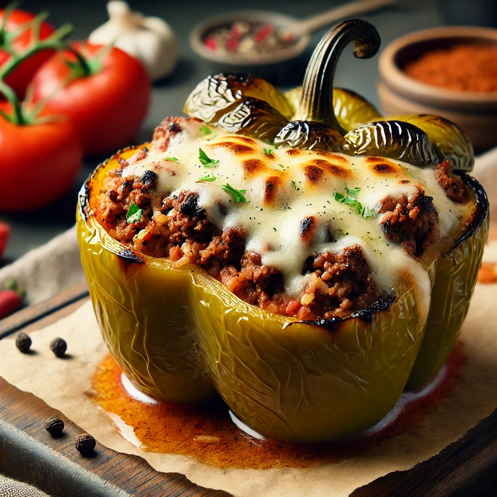 "Close-up view of a stuffed bell pepper filled with ground beef and rice, topped with melted cheese, in a rustic kitchen setting."