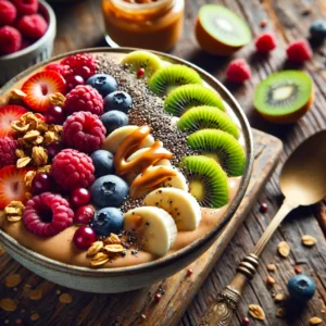 "A beautifully plated breakfast smoothie bowl topped with fresh sliced fruits, including banana, berries, and kiwi, along with granola, chia seeds, and a drizzle of nut butter, placed on a rustic wooden table."