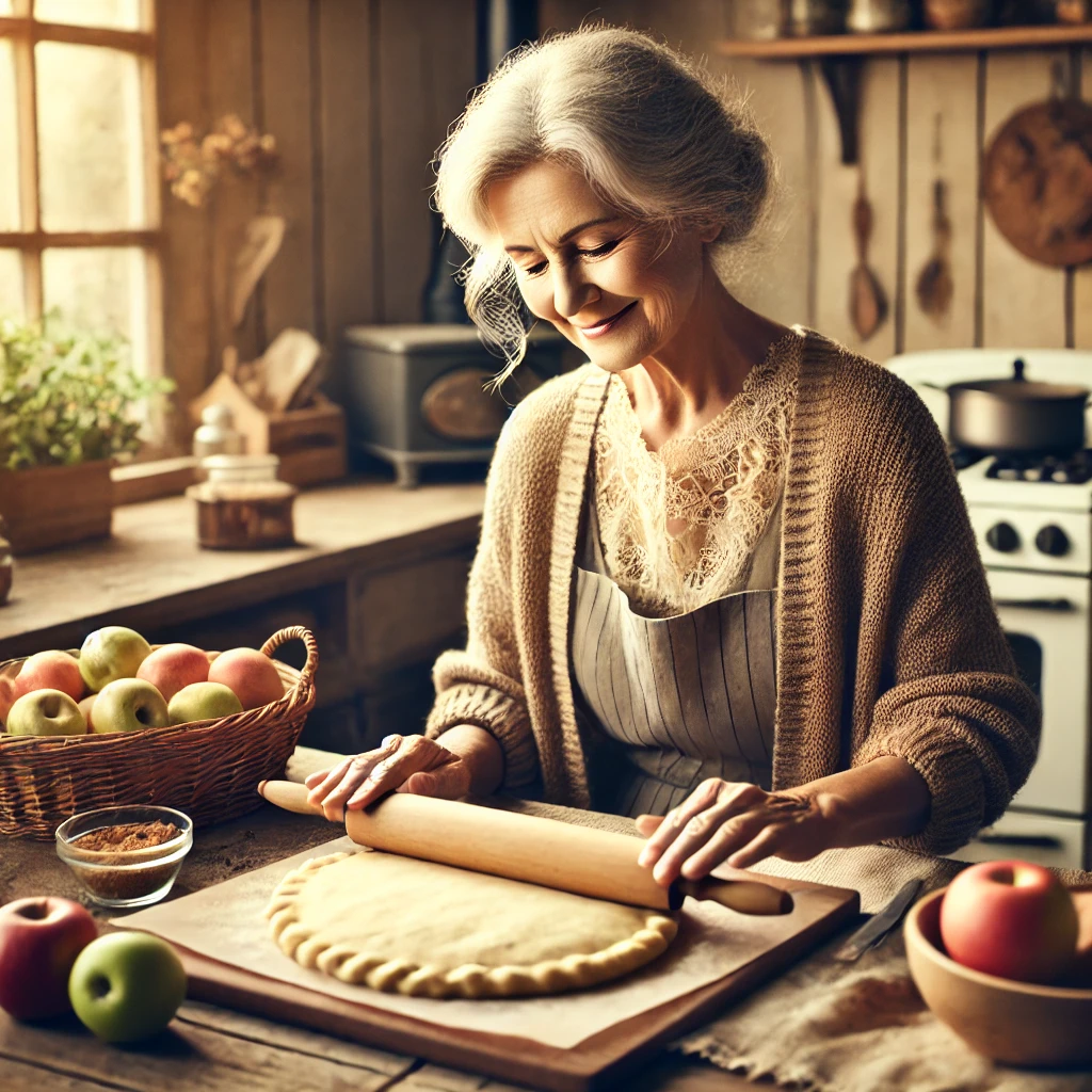 "Grandmother rolling dough in a minimalist vintage kitchen with apples and spices on the counter."
