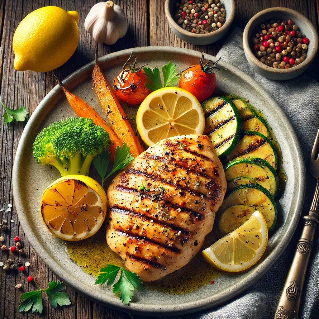 Grilled lemon pepper chicken served on a plate with roasted vegetables, garnished with fresh lemon slices and parsley.