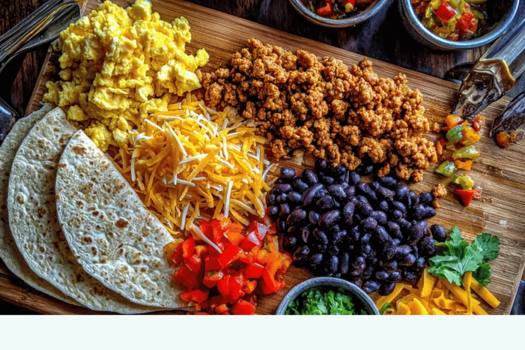 Healthy breakfast burrito ingredients laid out