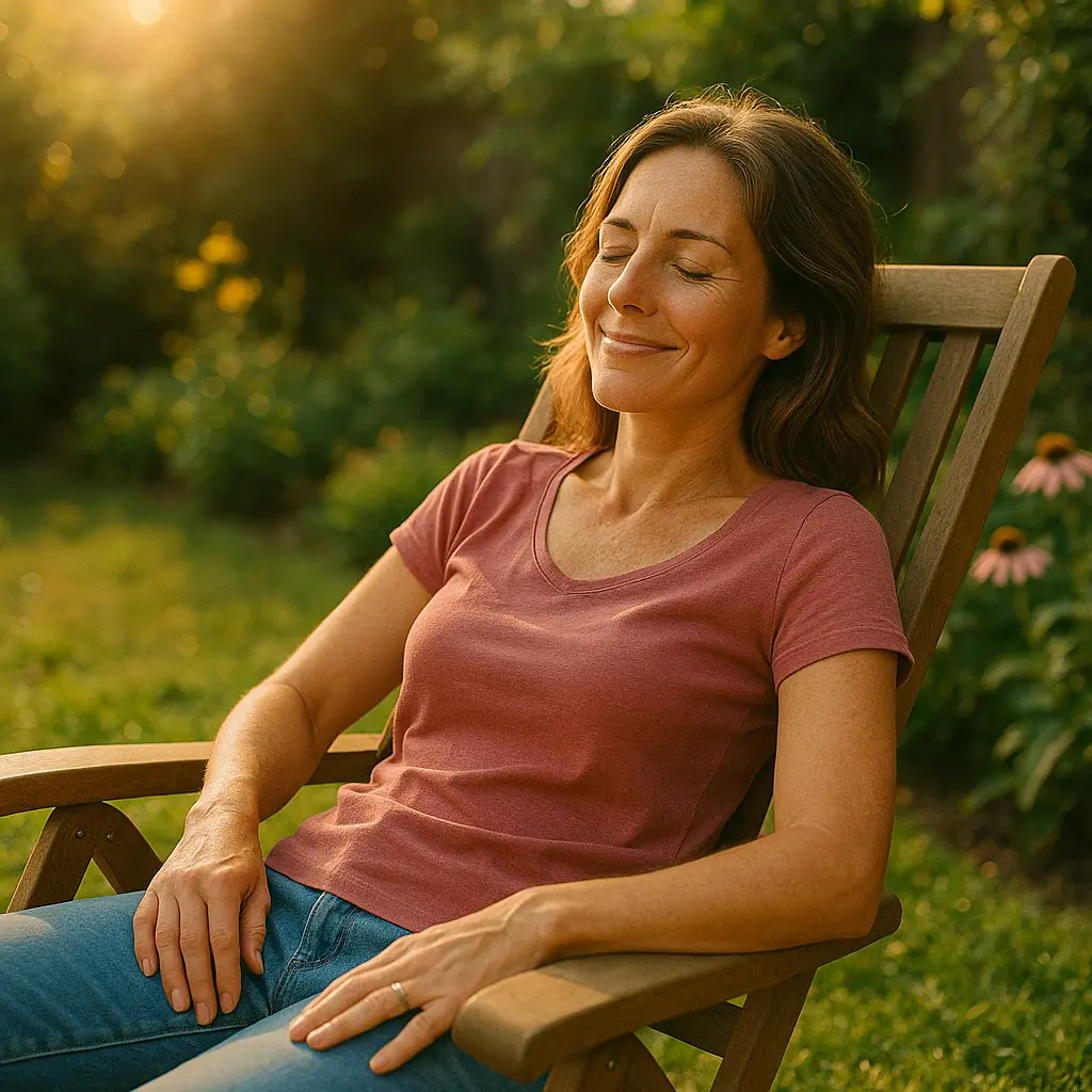 Woman relaxing on a wooden chair in a sunlit garden, eyes closed and smiling

