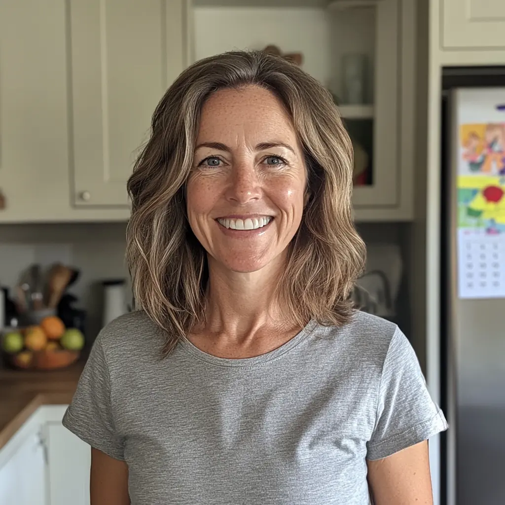 Smiling woman standing in a cozy kitchen, wearing a grey t-shirt
