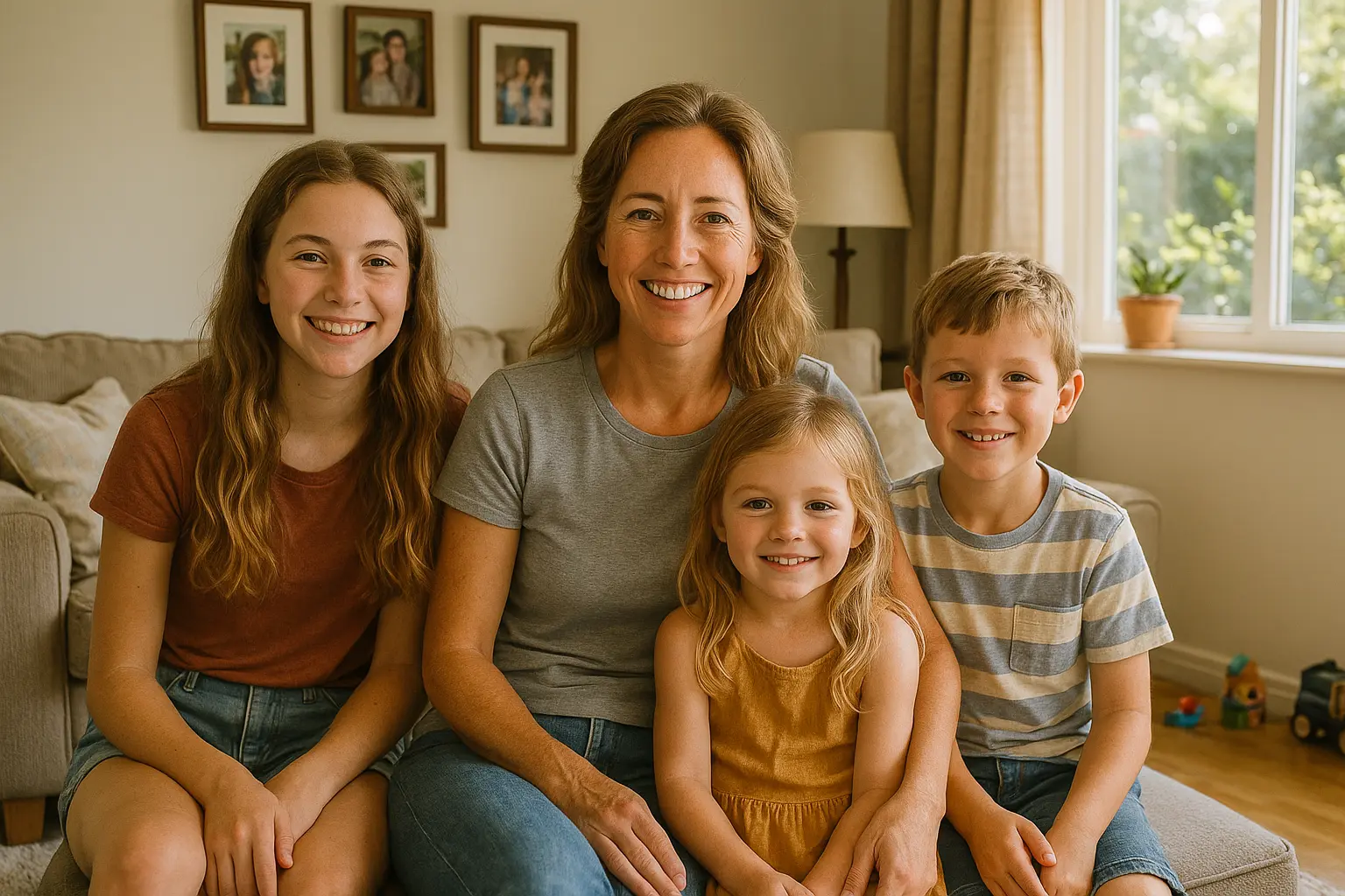 Emma smiling with her three children on a cozy living room couch