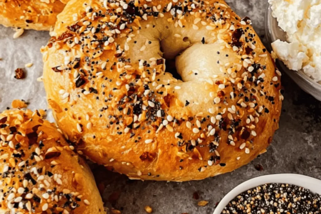 Sliced high protein bagel with Greek yogurt on rustic table