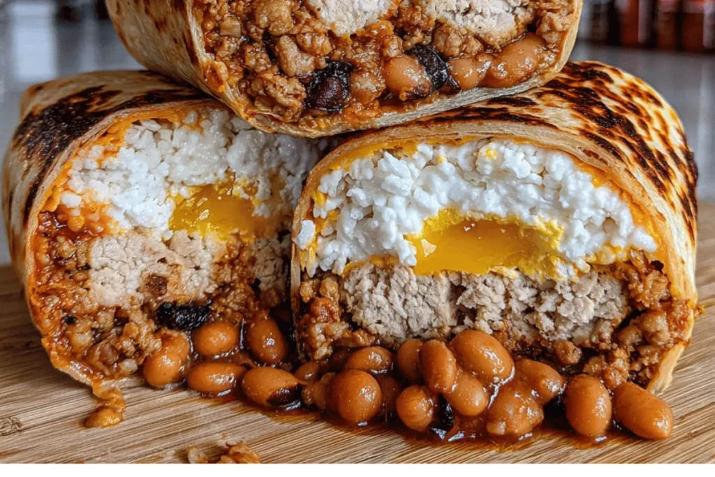 Sliced high protein breakfast burrito with eggs and turkey