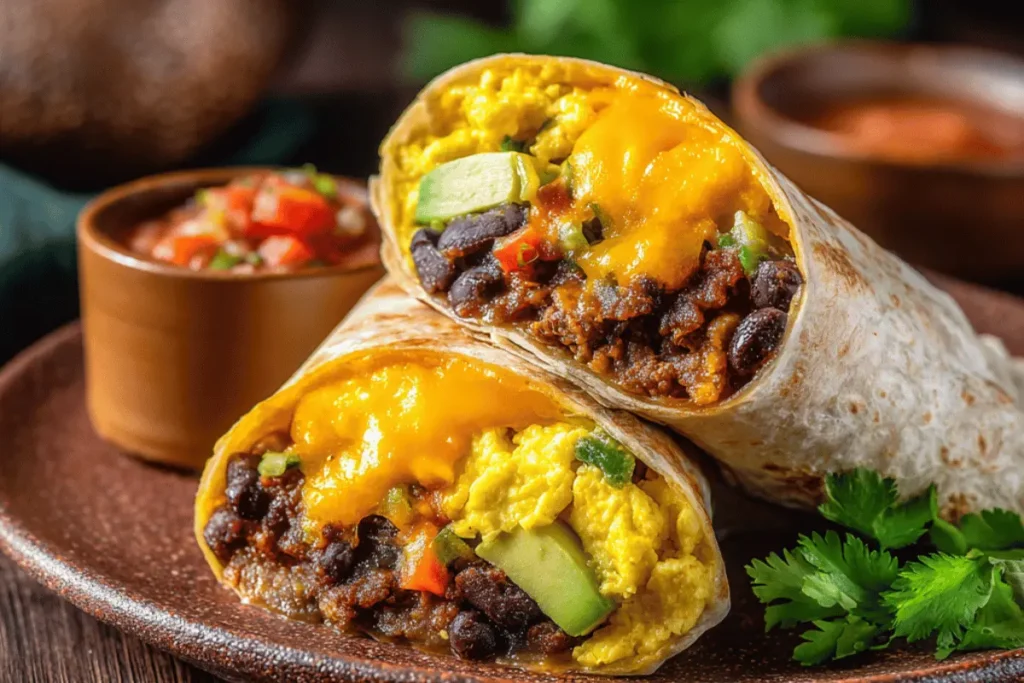 Homemade high protein breakfast burrito cut in half with eggs and turkey
