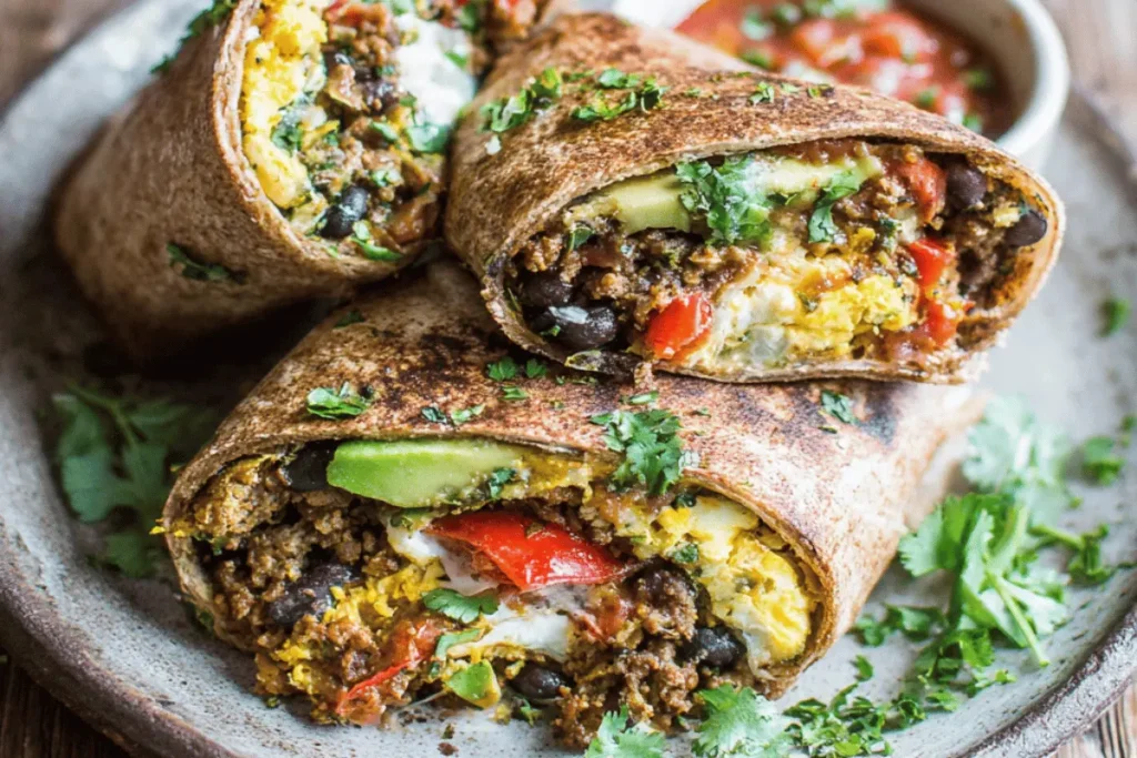 high protein breakfast burrito with eggs beans and avocado