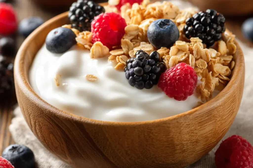 High protein granola with berries in a wooden bowl