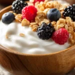 High protein granola with berries in a wooden bowl