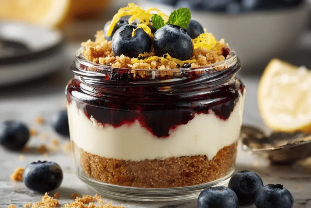 High protein lemon blueberry cheesecake in jar