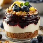 High protein lemon blueberry cheesecake in jar
