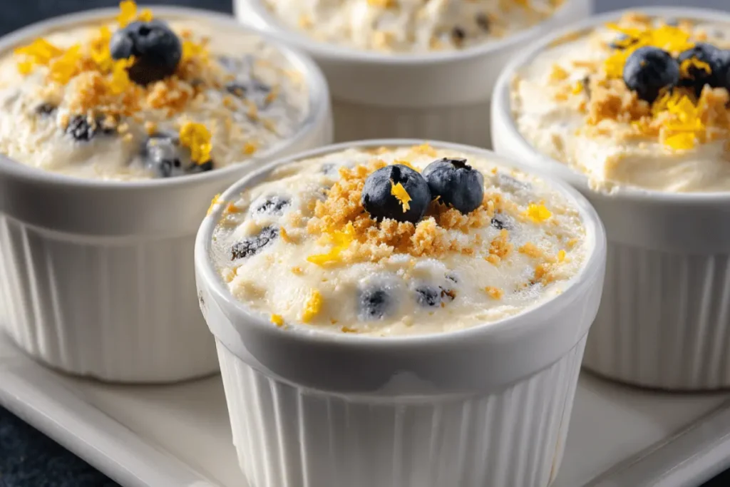 High Protein Lemon Blueberry Cheesecake without jars in ramekins